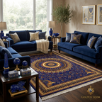 Golden Loom Afghanistan royal blue Afghan carpet with sunburst medallion displayed in an elegant living room with navy velvet sofas and gold accents