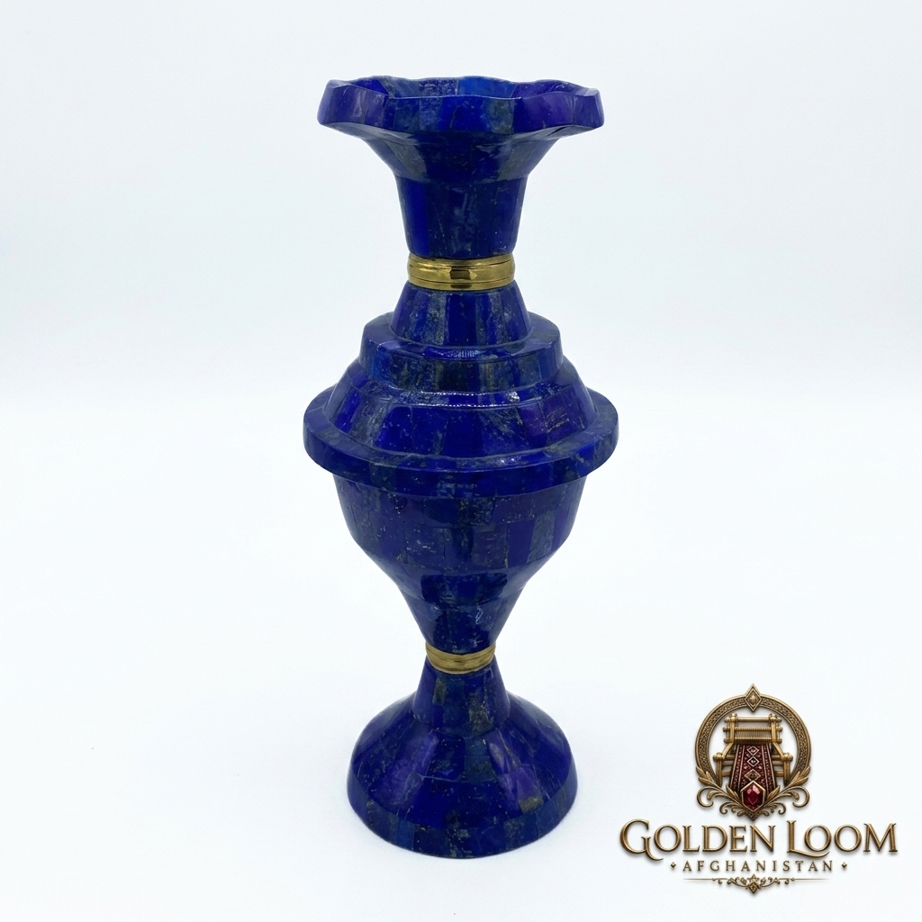 Hand-carved Afghan lapis lazuli vase with two polished brass accent rings, deep royal blue stone with natural mineral veining, white background