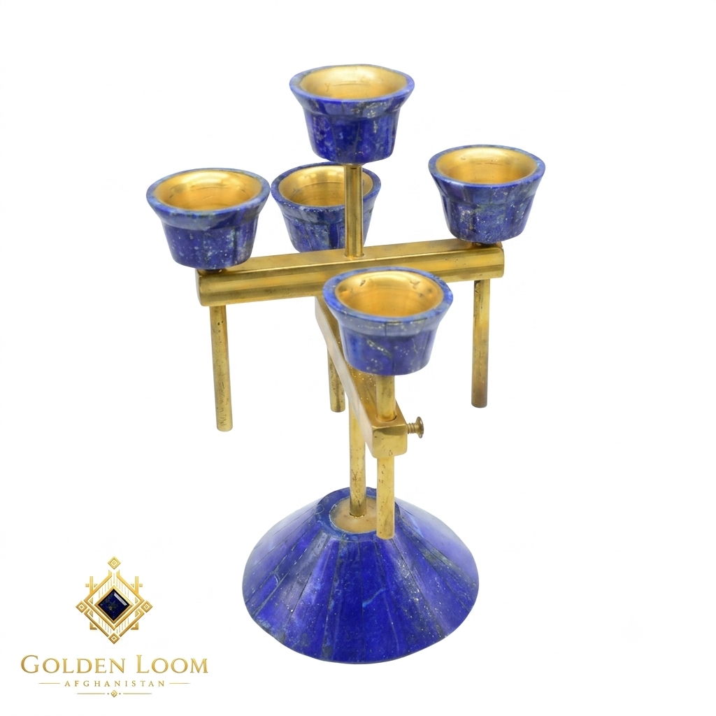 Luxury Blue Stone Multi Candle Stand – Artisanal Lapis Lazuli and Gold Brass Candelabra for Table Centerpiece