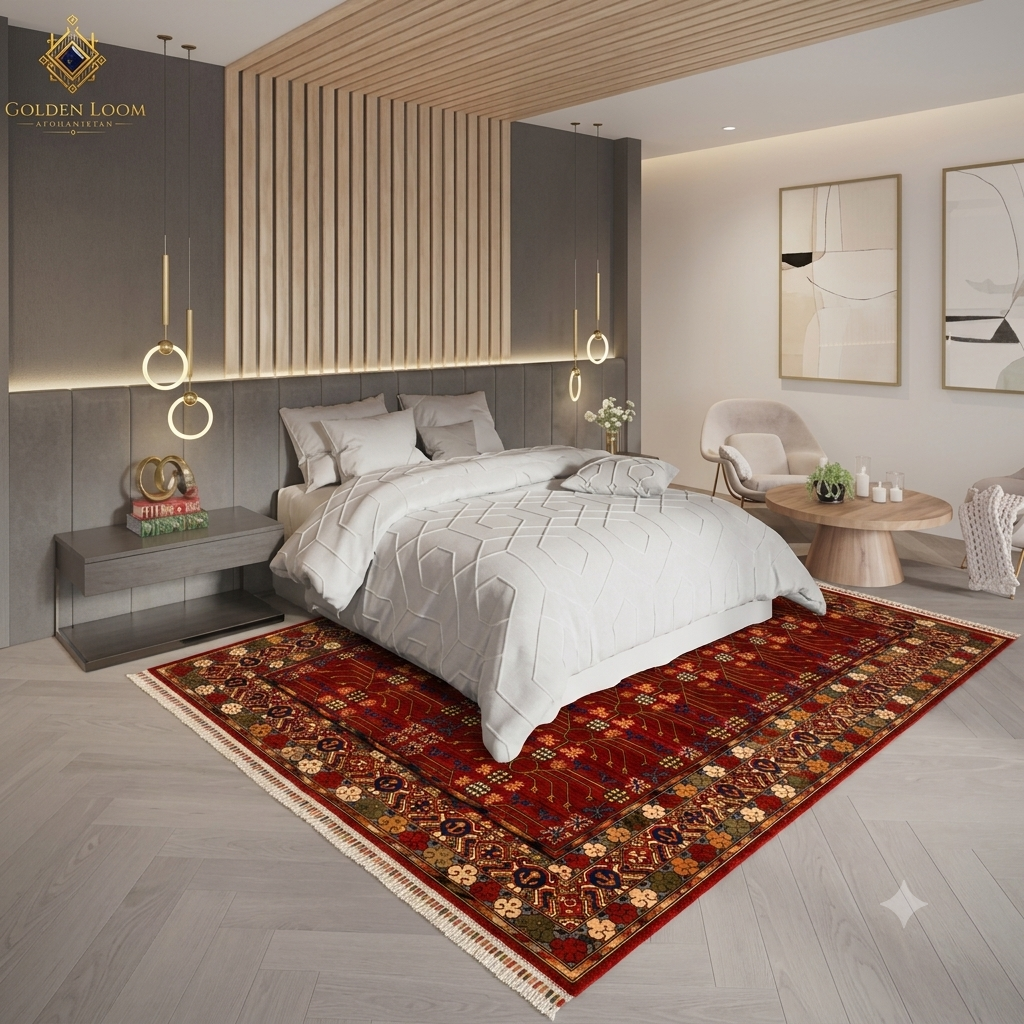 Sultani Chobi Afghan carpet placed under a modern bed in a luxury bedroom with neutral tones and wood panel wall, Golden Loom Afghanistan