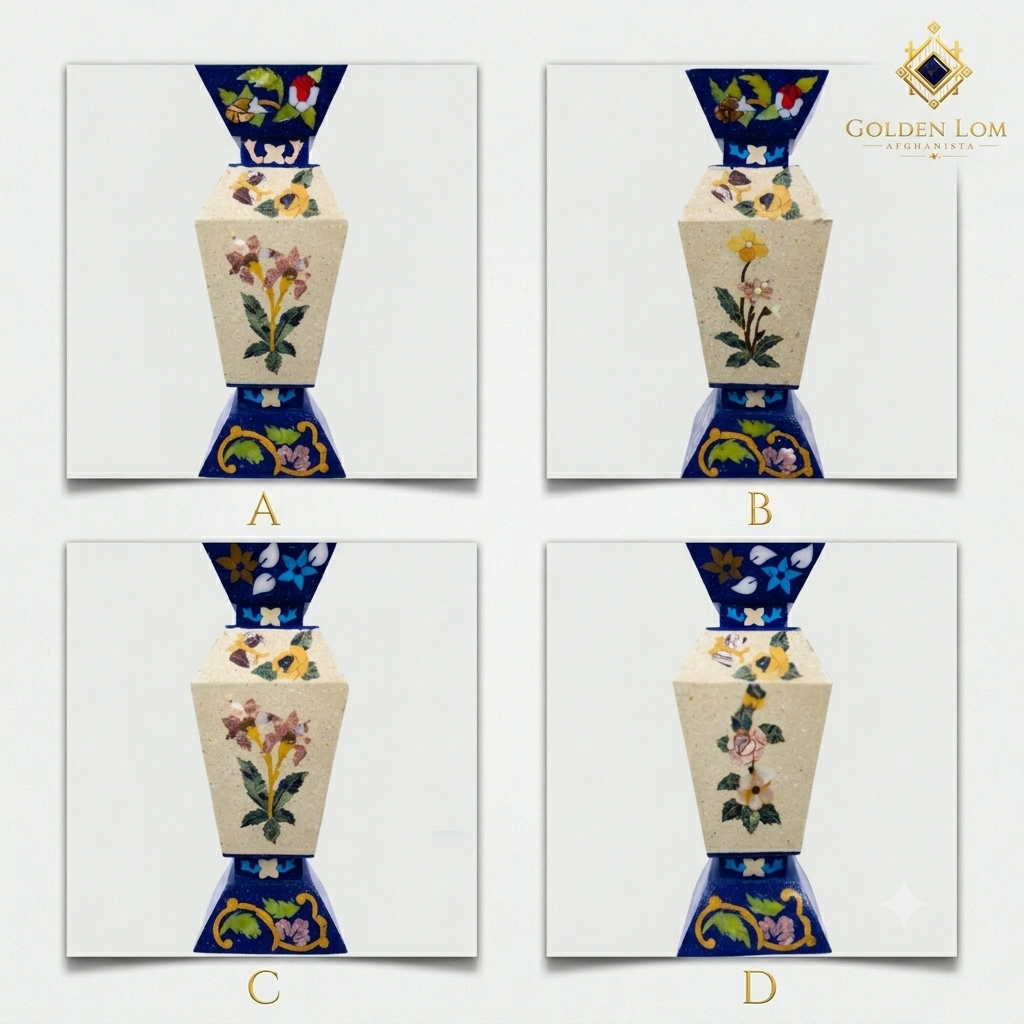 Four unique handmade Afghan stone mosaic vases showing different natural floral inlay patterns — each piece one-of-a-kind, crafted with lapis lazuli and semi-precious stone chips