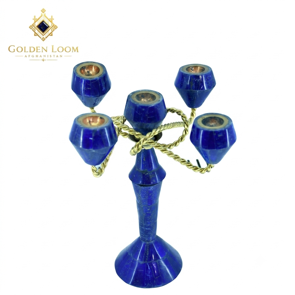 Top view of lapis lazuli 5-light candelabrum with gold rope arms on white background, Golden Loom Afghanistan