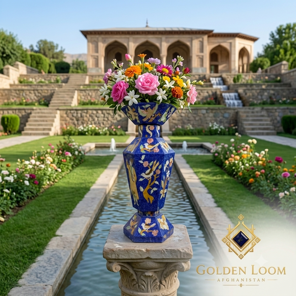 Handcrafted Afghan lapis lazuli mosaic vase with colorful blooms on a stone pedestal in a Persian-style garden with fountain — Golden Loom Afghanistan artisan stone décor
