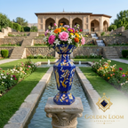 Handcrafted Afghan lapis lazuli mosaic vase with colorful blooms on a stone pedestal in a Persian-style garden with fountain — Golden Loom Afghanistan artisan stone décor