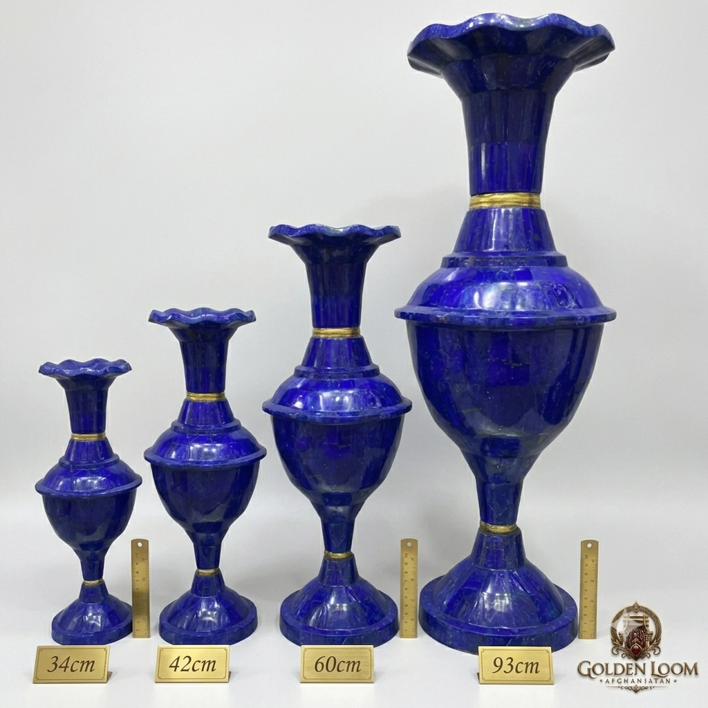 Side-by-side size comparison of Afghan lapis lazuli convertible vases in four heights — 34cm, 42cm, 60cm, and 93cm — with brass rulers and gold size labels, white background