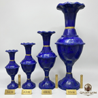 Side-by-side size comparison of Afghan lapis lazuli convertible vases in four heights — 34cm, 42cm, 60cm, and 93cm — with brass rulers and gold size labels, white background