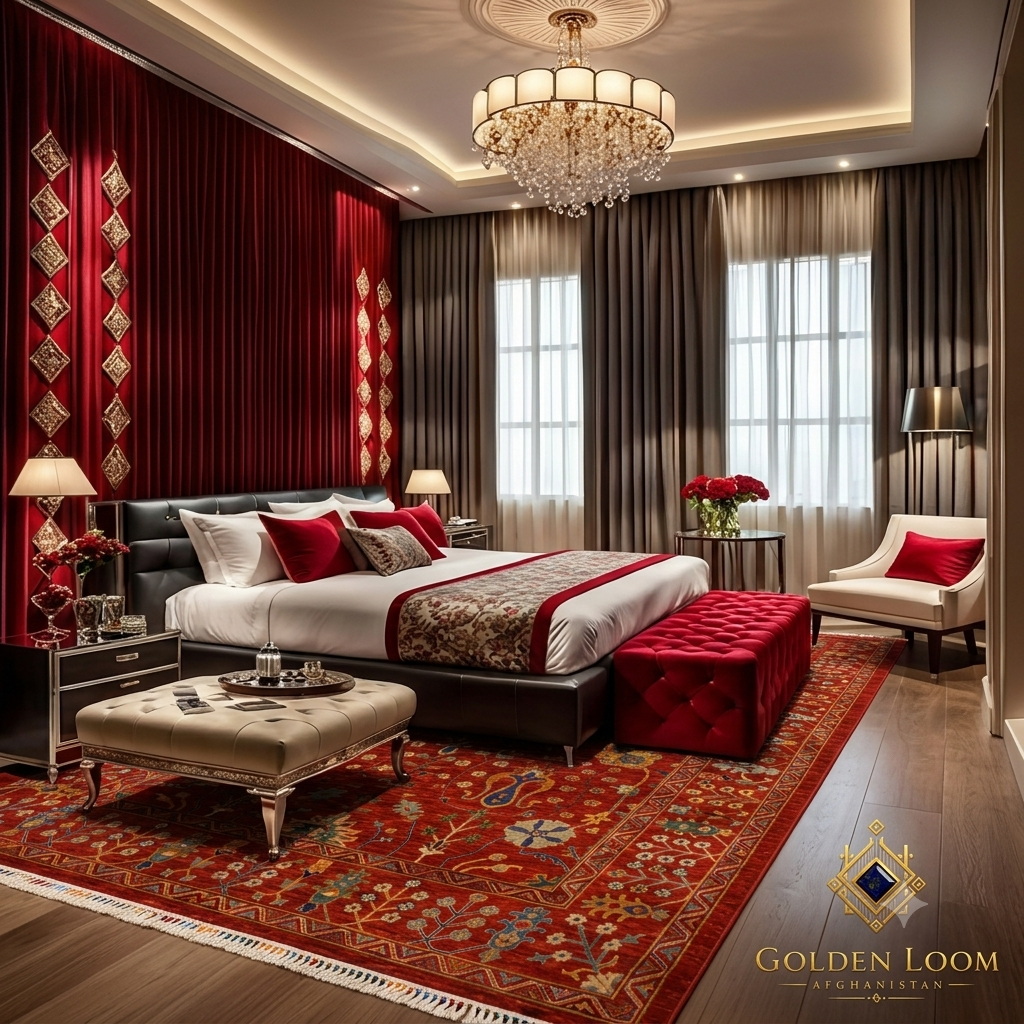 Afghan handwoven red carpet in a French baroque luxury bedroom with gold-carved bed frame, burgundy velvet headboard, and star chandelier — Golden Loom Afghanistan