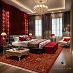 Afghan handwoven red carpet in a French baroque luxury bedroom with gold-carved bed frame, burgundy velvet headboard, and star chandelier — Golden Loom Afghanistan