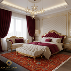 Afghan handwoven red floral carpet styled in a luxury bedroom with crystal chandelier, red velvet drapes, and gold accents — Golden Loom Afghanistan