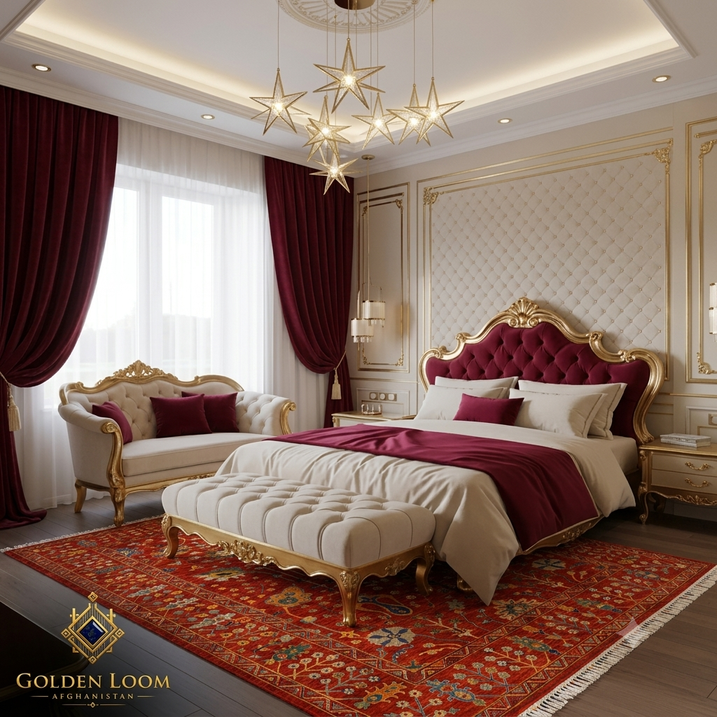 Afghan handwoven red floral carpet styled in a luxury bedroom with crystal chandelier, red velvet drapes, and gold accents — Golden Loom Afghanistan