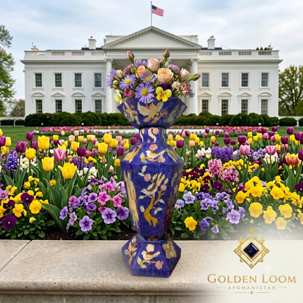 Golden Loom Afghanistan lapis lazuli mosaic vase with spring flowers displayed in front of the White House garden — handmade Afghan gemstone decorative vase, statement luxury gift
