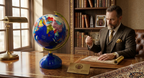 Royal Lapis Lazuli Globe on a mahogany desk in a luxury library setting with a distinguished gentleman — Golden Loom Afghanistan collector's piece