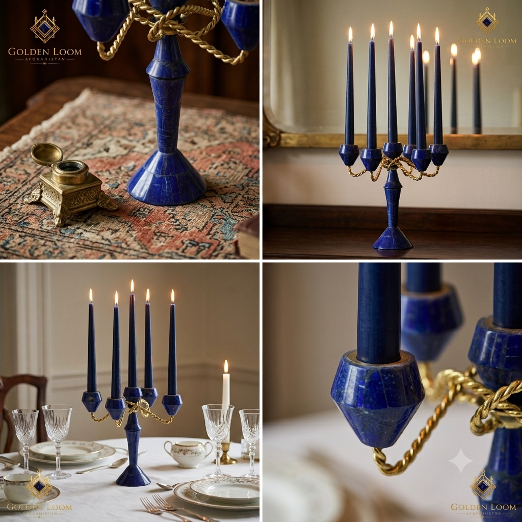Golden Loom Luxury Lapis Lazuli Candle Holder – 5-Light Handcrafted Gemstone Candlestick Stand