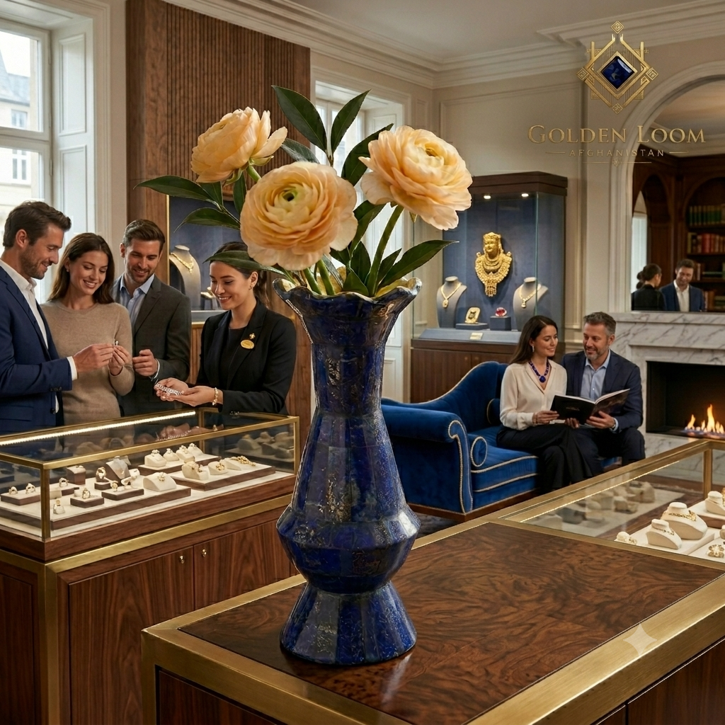 Lapis lazuli vase with cream peonies displayed on a gold-trimmed counter in a luxury jewelry boutique — handmade Afghan gemstone décor by Golden Loom