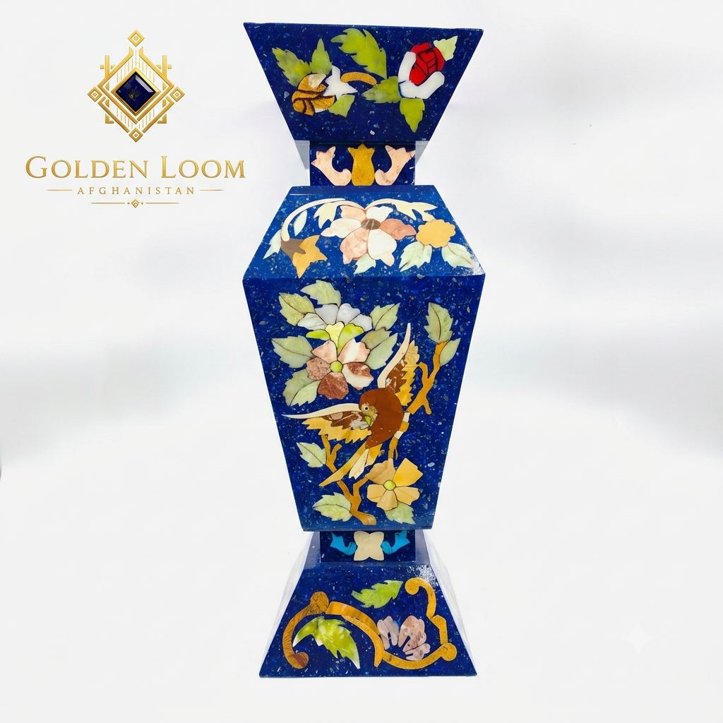 Hand-painted Afghan lapis lazuli vase with multicolor floral and bird stone inlay on a white marble pedestal, white background — Golden Loom Afghanistan