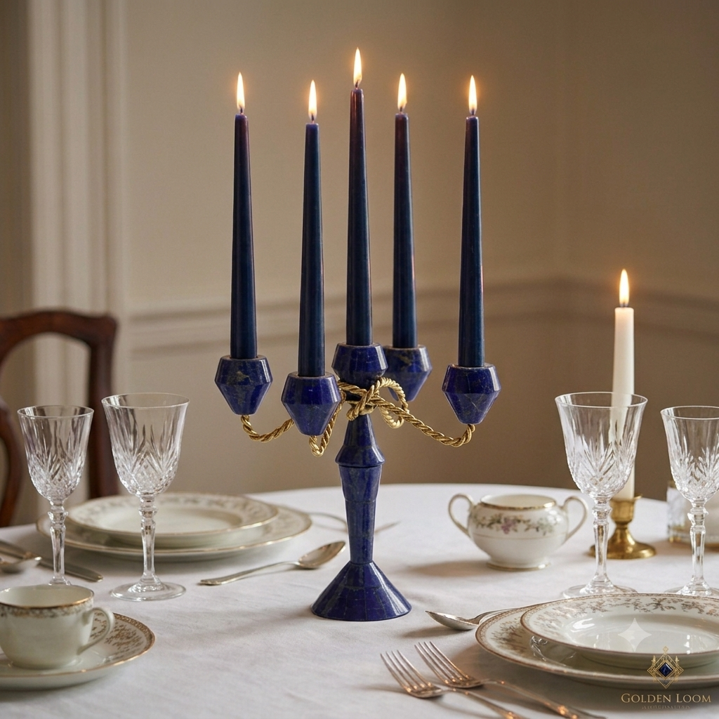 Blue candle holder with lit candles on a dining table setting.