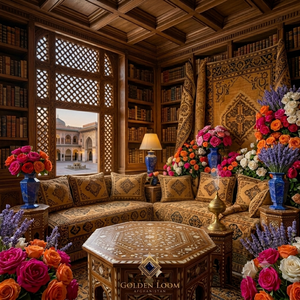 Six-Sided Lapis Lazuli Vase Set displayed on a wooden scholar's desk with spring flowers, antique books, and astrolabe — handmade in Badakhshan, Afghanistan by Rayees