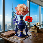 Set of three Afghan lapis lazuli vases with brass rings displayed on a desk with Burj Khalifa and Dubai skyline in the background