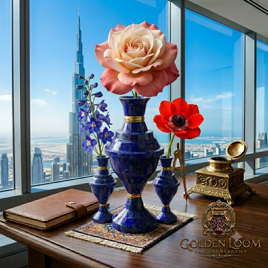 Set of three Afghan lapis lazuli vases with brass rings displayed on a desk with Burj Khalifa and Dubai skyline in the background