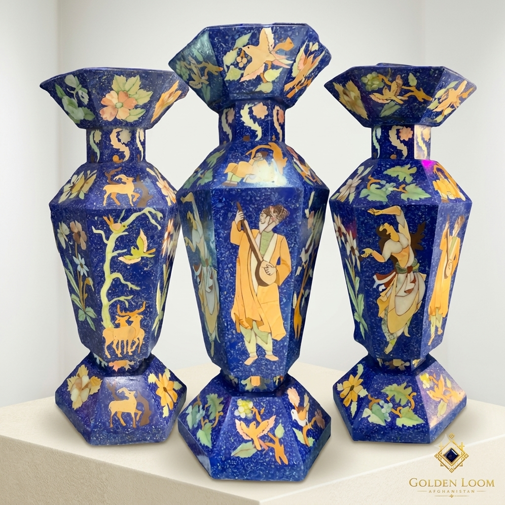 Handcrafted Afghan lapis lazuli mosaic vase with floral and bird stone inlay, three-quarter angle view on neutral background — Golden Loom Afghanistan decorative gemstone vase from Badakhshan