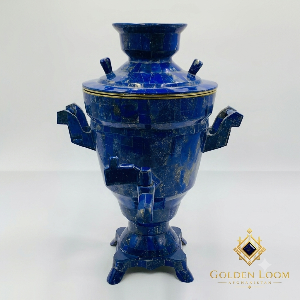 Full front view of handcrafted Lapis Lazuli Samovar showing deep blue gemstone mosaic with natural golden flecks and brass accent ring — Golden Loom Afghanistan