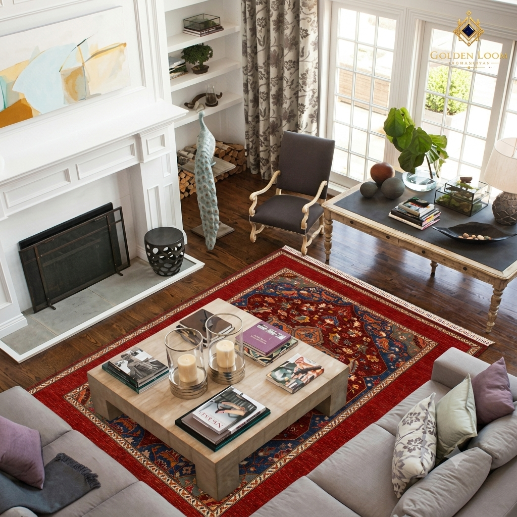 Aerial view of Chobi Kashan Afghan carpet centered in an elegant living room with fireplace and neutral décor — Golden Loom Afghanistan