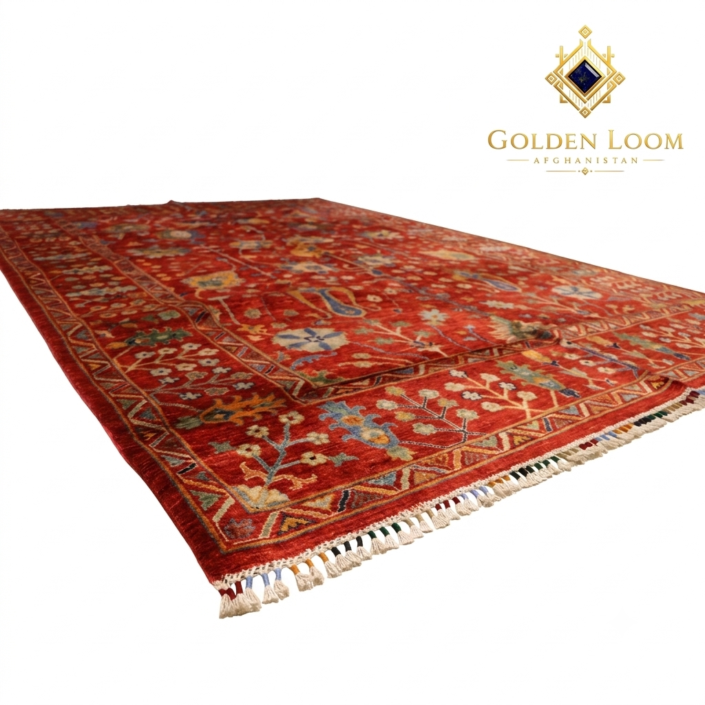 Afghan hand-knotted Chobi rug in crimson red with botanical floral design, angled overhead view showing pile depth and hand-tied fringe — Golden Loom Afghanistan