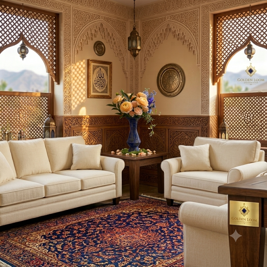 Lapis lazuli vase with peach roses displayed in a luxury Moroccan-style sitting room with carved wooden arches, Islamic calligraphy, and Afghan carpet — Golden Loom Afghanistan