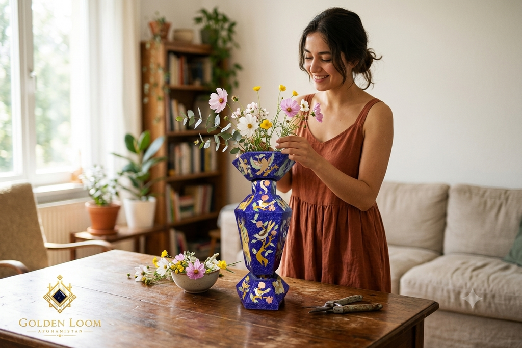 Woman smiling while arranging wildflowers in a handmade Golden Loom Afghanistan lapis lazuli mosaic vase on a wooden dining table — Afghan artisan home décor in a bright living room