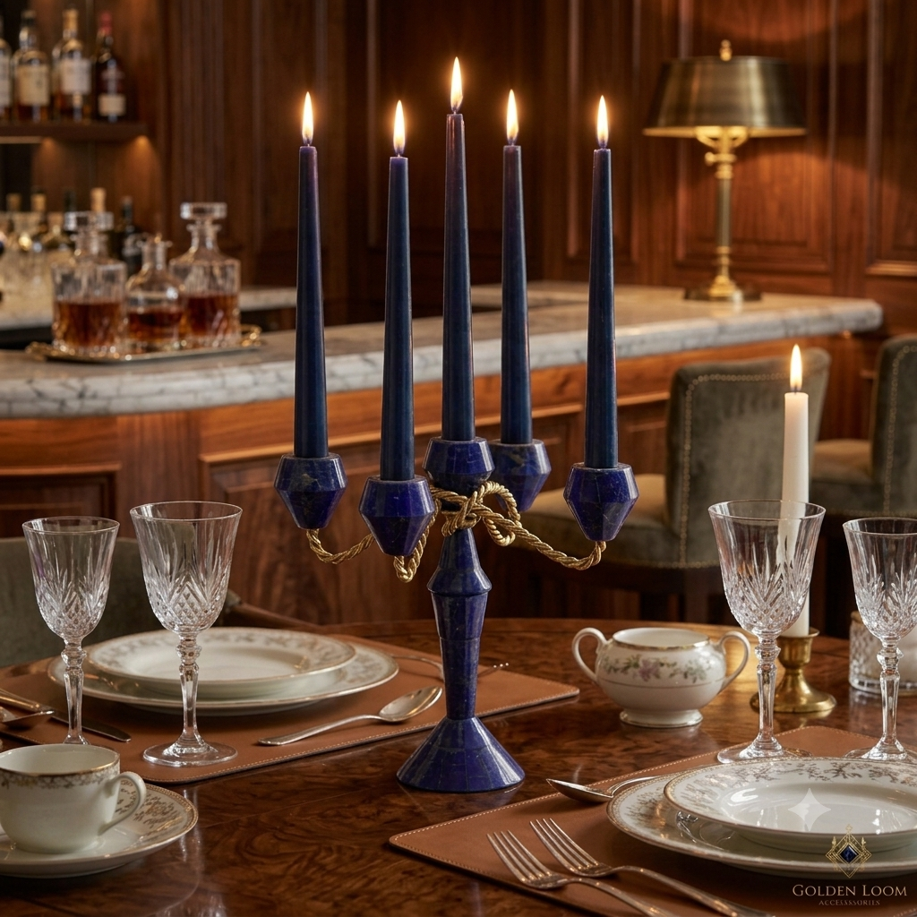 Genuine Afghan lapis lazuli candelabrum with gold rope arms on a formal dining table, Golden Loom Afghanistan