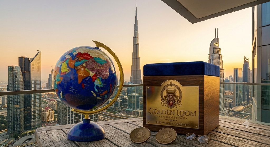 Royal Lapis Lazuli Globe and Golden Loom Afghanistan gift box on a luxury balcony with Dubai skyline and Burj Khalifa at sunset