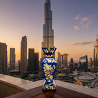 Afghan lapis lazuli painted vase with floral and bird motifs on a marble rooftop ledge with the Burj Khalifa and Dubai skyline at golden hour in the background — Golden Loom Afghanistan