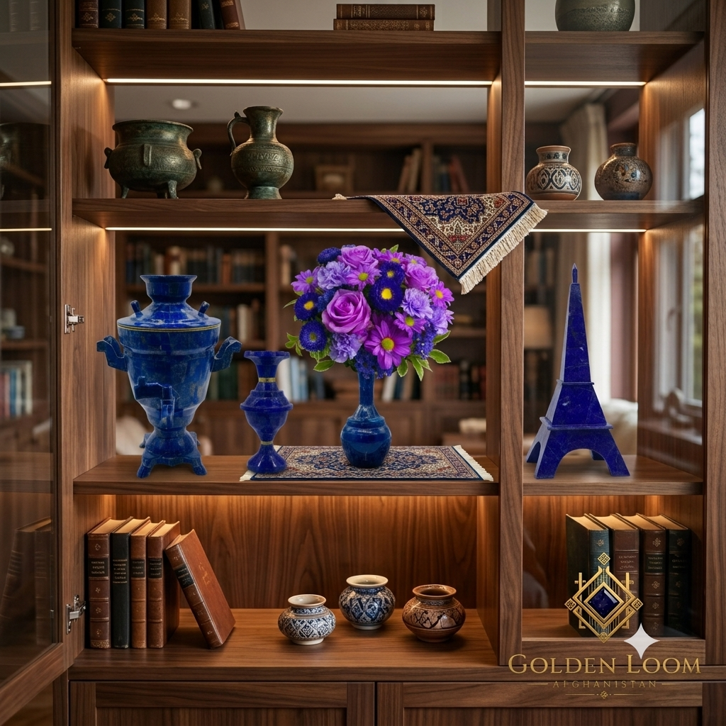 Lapis Lazuli Samovar and gemstone décor pieces displayed on a luxury walnut bookshelf alongside Afghan miniature carpet, antique brass vessels, and purple flowers — Golden Loom Afghanistan