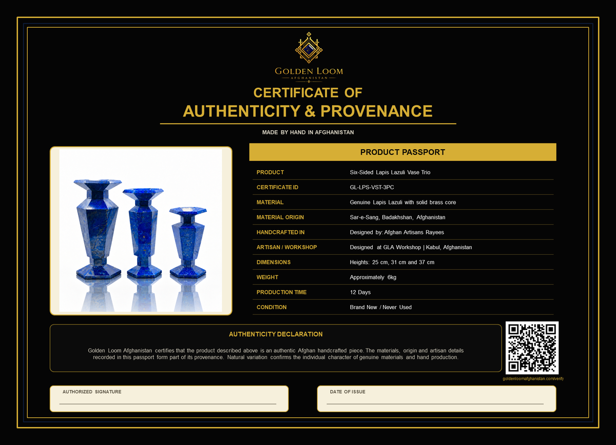 A black and gold authenticity and provenance certificate for a set of three blue glass vases from Golden Loom. 