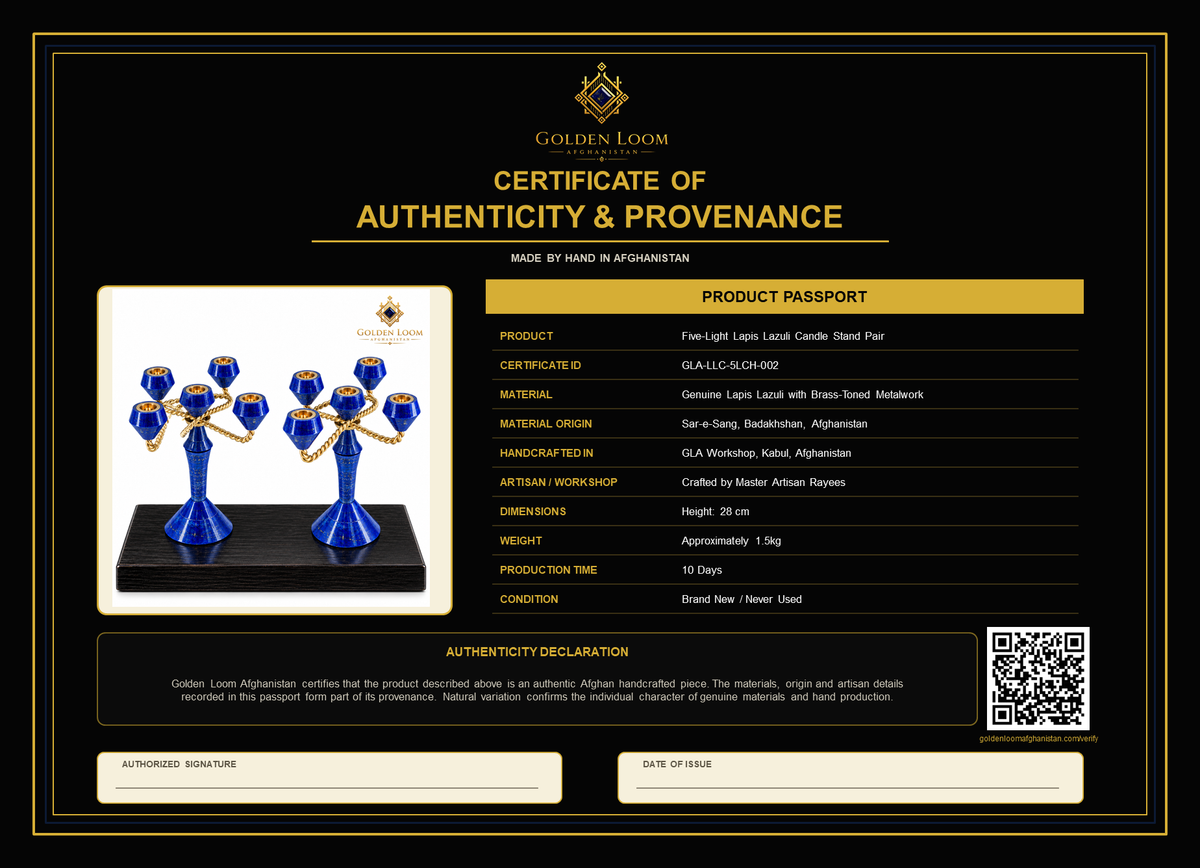 A black and gold Certificate of Authenticity & Provenance card for the Golden Loom Afghanistan Five Light Looms Land Candle Stand Set.