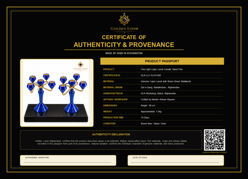 A black and gold Certificate of Authenticity & Provenance card for the Golden Loom Afghanistan Five Light Looms Land Candle Stand Set.