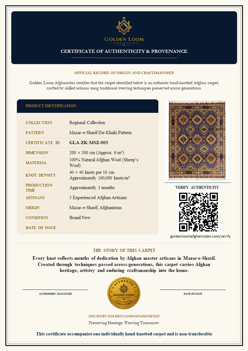 The Mazar-e-Sharif Zer Khaki Legacy | Hand-Knotted Afghan Wool Carpet