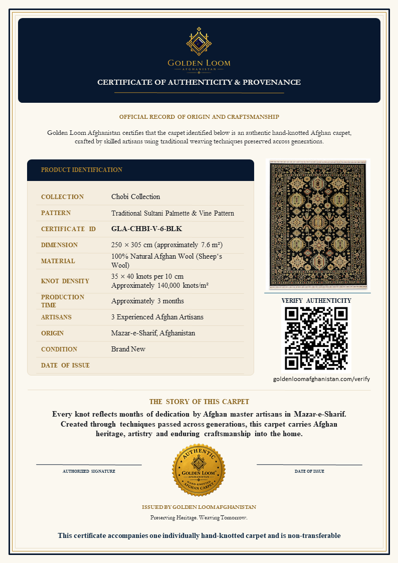 A certificate of authenticity and provenance for a hand-knotted Afghan carpet by Golden Loom