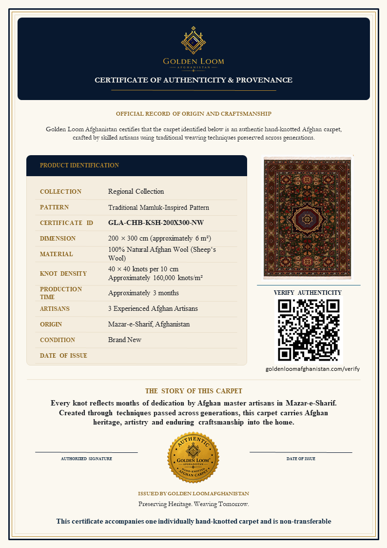 A detailed product authenticity and provenance certificate for a hand-knotted Afghan wool carpet by Golden Loom.