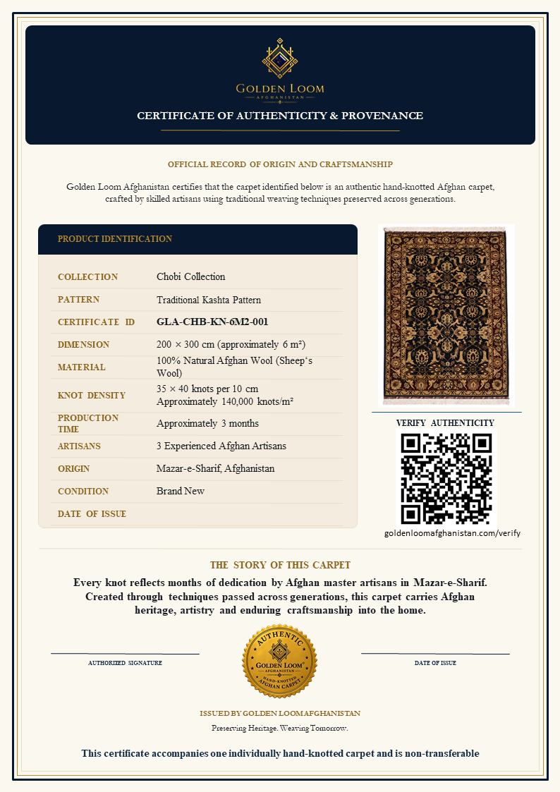 A certificate of authenticity and provenance for a hand-knotted rug