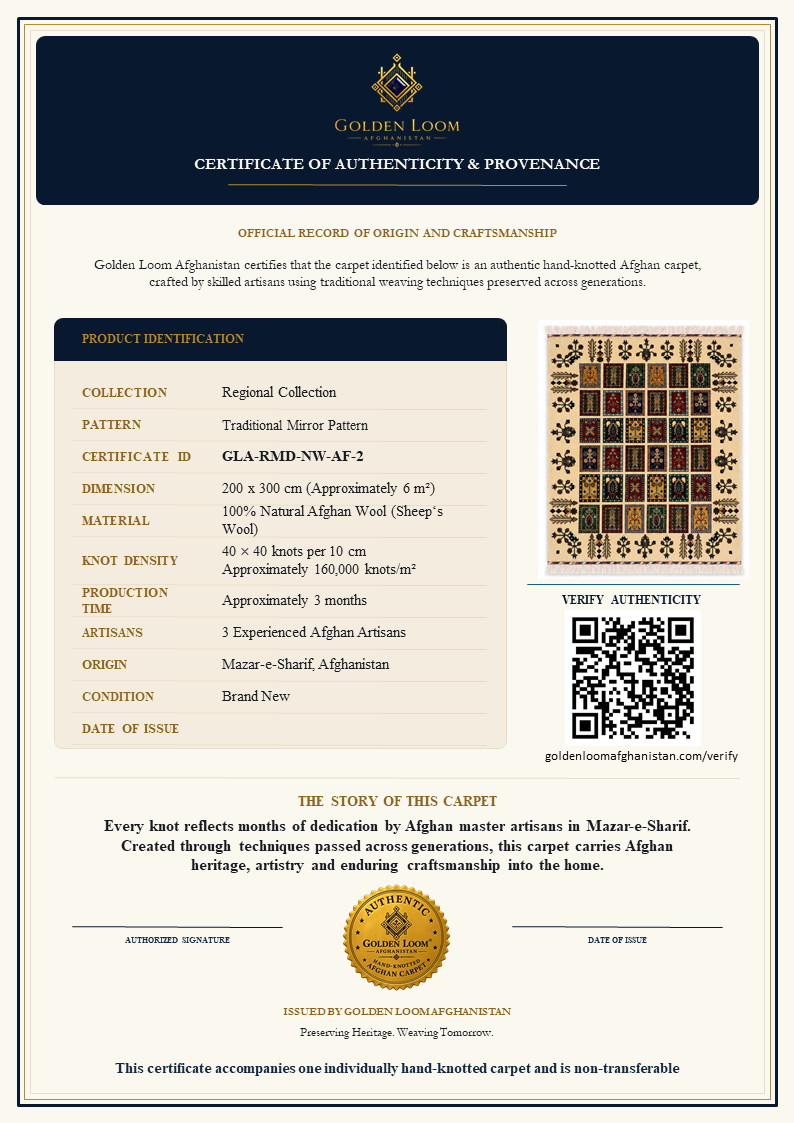A certificate of authenticity and provenance card for a Golden Loom carpet, featuring product details
