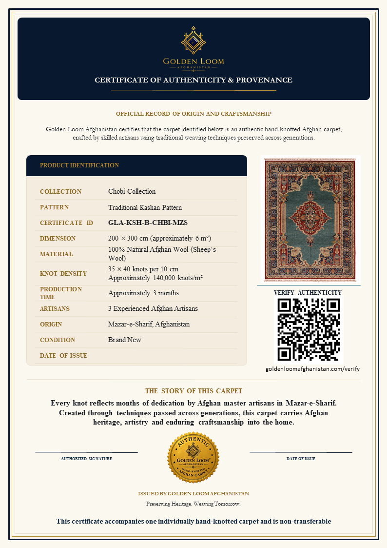 A product authenticity certificate for a traditional hand-knotted Afghan wool carpet by Golden Loom