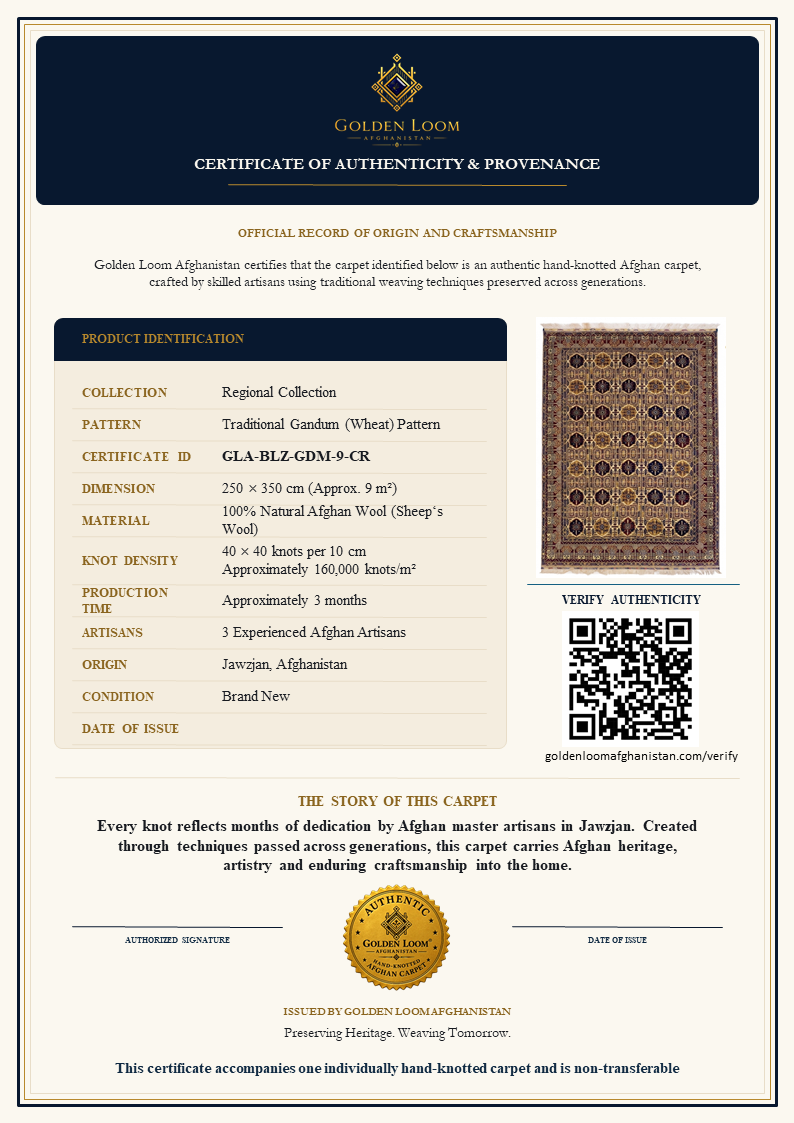 Product authenticity certificate for a Golden Loom carpet, featuring a detailed product description table, a product illustration, and a QR code on a white background.
