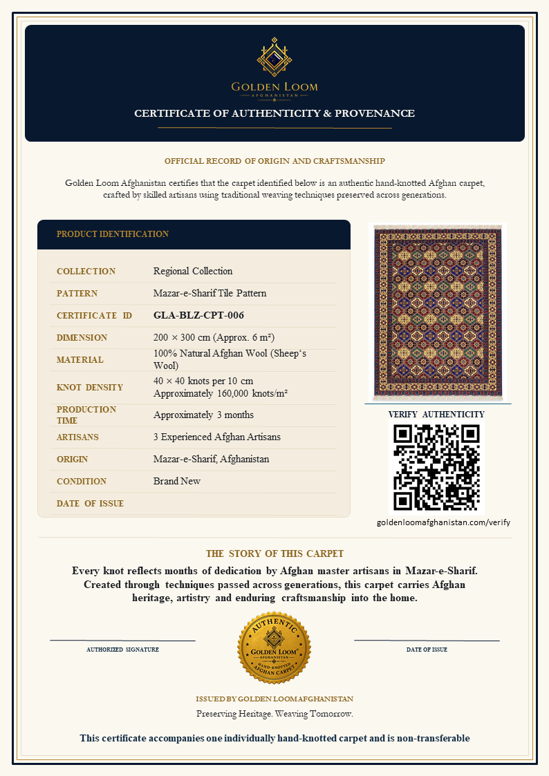 A certificate of authenticity and provenance card for a Golden Loom carpet, featuring product details