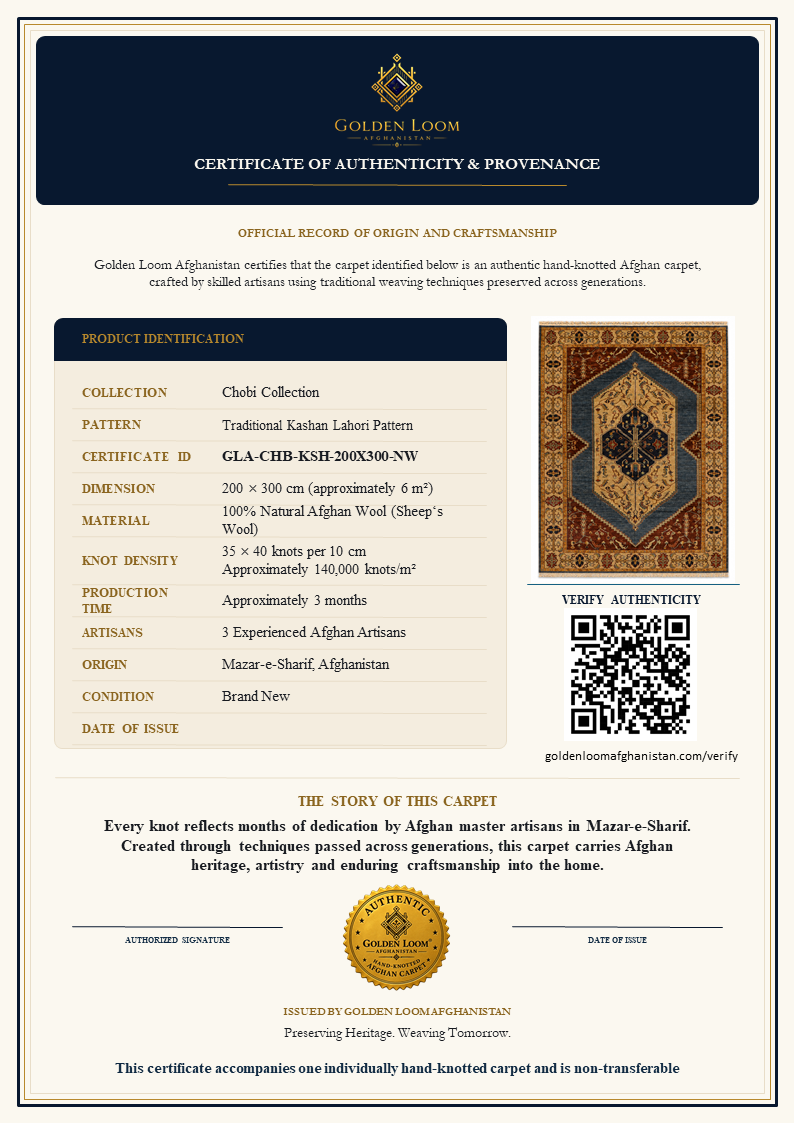 A product authenticity certificate and provenance document for a Golden Loom hand-knotted Afghani carpet