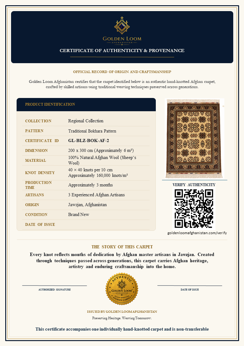 A certificate of authenticity and provenance for a Golden Loom hand-knotted rug, featuring product specifications