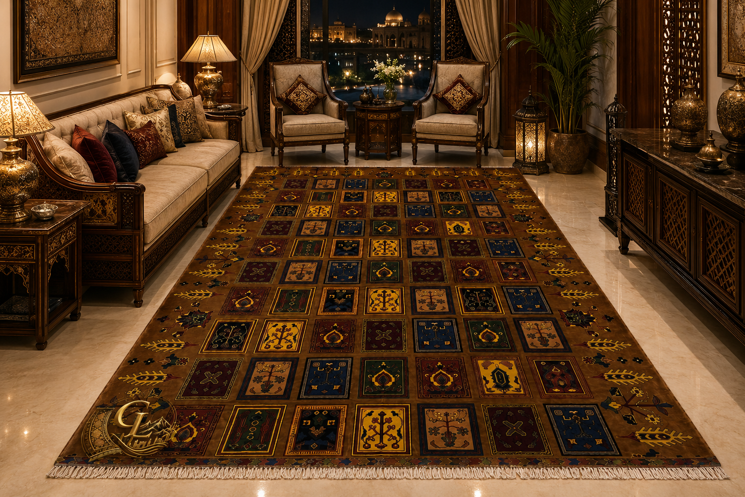 Belzhiki Mirror Design Afghan carpet in an opulent palace living room at night – handmade Turkman wool rug 2x3m, Mazar-e-Sharif, Afghanistan by Golden Loom