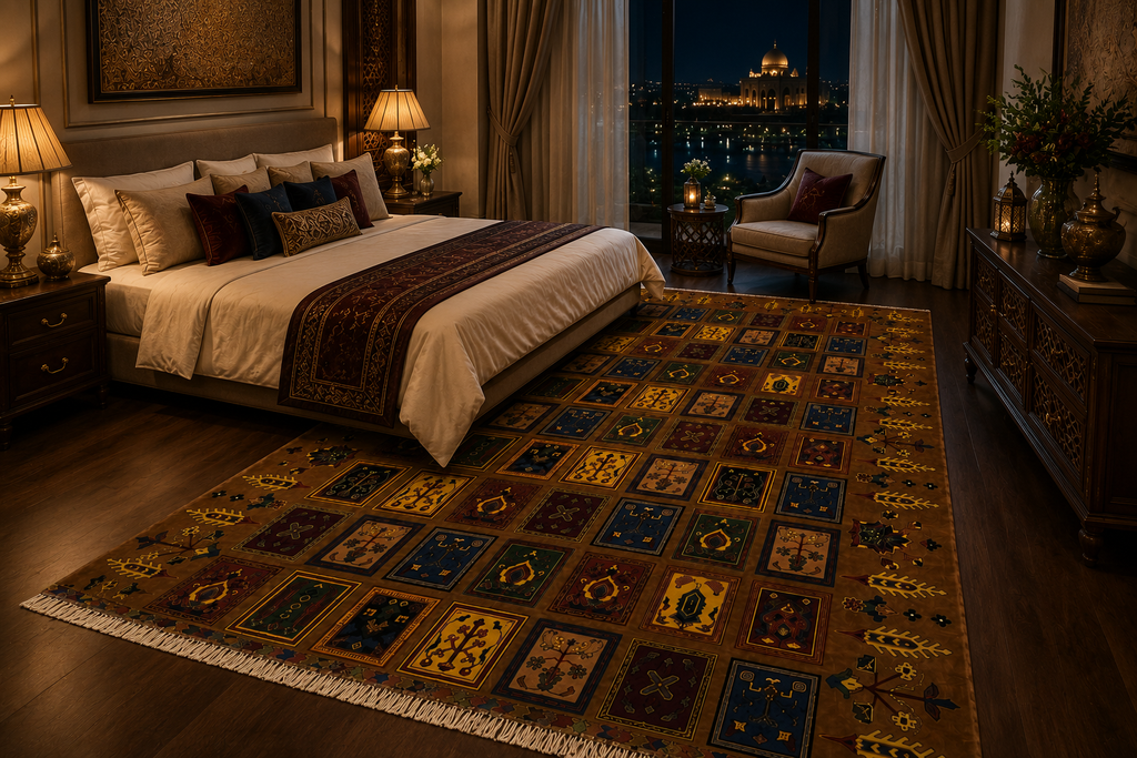 Belzhiki Mirror Design Afghan carpet in a luxury bedroom setting – handmade Turkman wool rug 2x3m, Mazar-e-Sharif, Afghanistan by Golden Loom