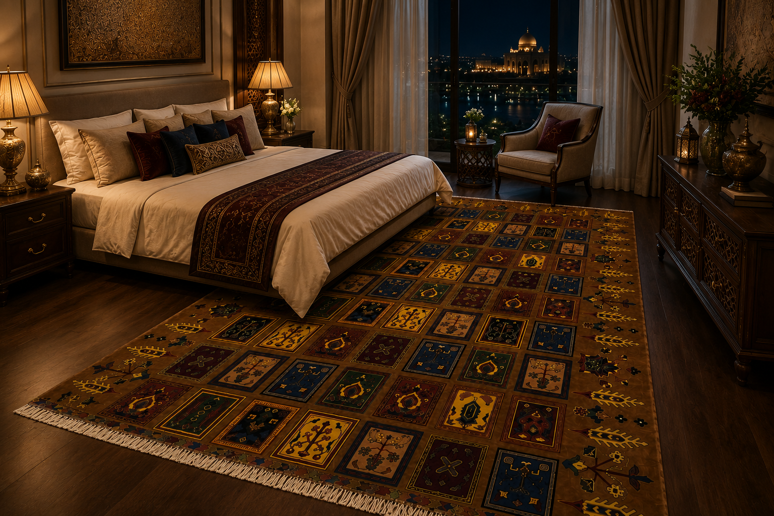 Belzhiki Mirror Design Afghan carpet in a luxury bedroom setting – handmade Turkman wool rug 2x3m, Mazar-e-Sharif, Afghanistan by Golden Loom