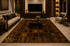 Belzhiki Mirror Design Afghan carpet styled in a luxury living room – handmade Turkman wool rug 2x3m, Mazar-e-Sharif, Afghanistan by Golden Loom